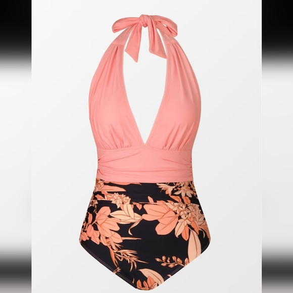 Havana Tropical Plunge Halter Ruched One Piece Swimsuit - M Pink & Black NWT - Picture 5 of 6